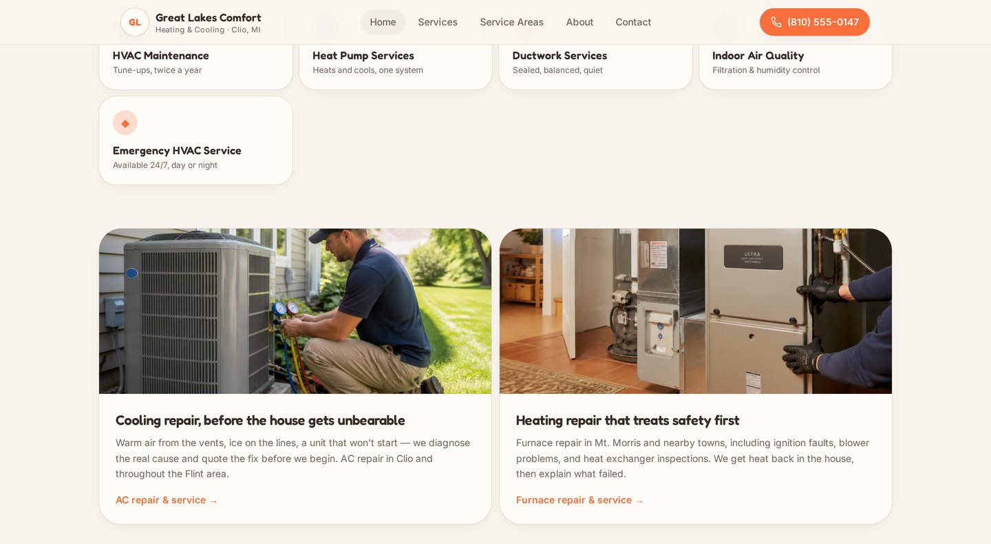 Heating and cooling services section of the Great Lakes Comfort Solutions website concept